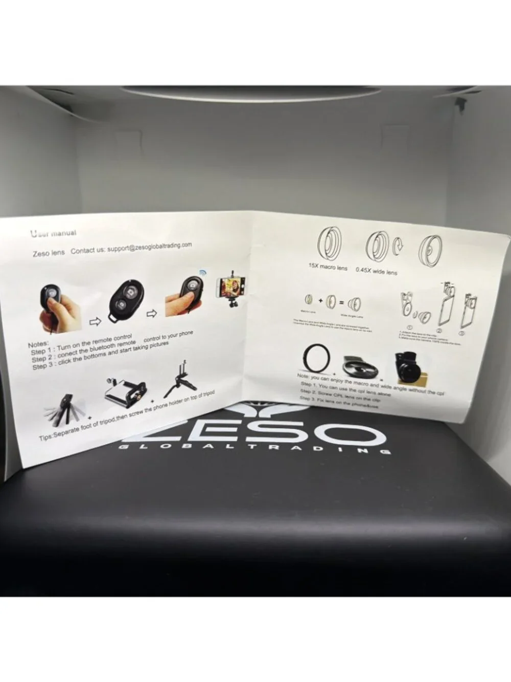 Zeso Smartphone Camera Lens Kit .45X Lens, 15X macro Lens, Tripod, Remote